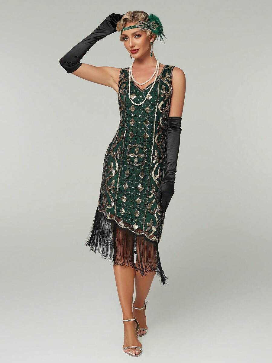 Retro Party Dress With Fringed Hem And Shiny Sequins