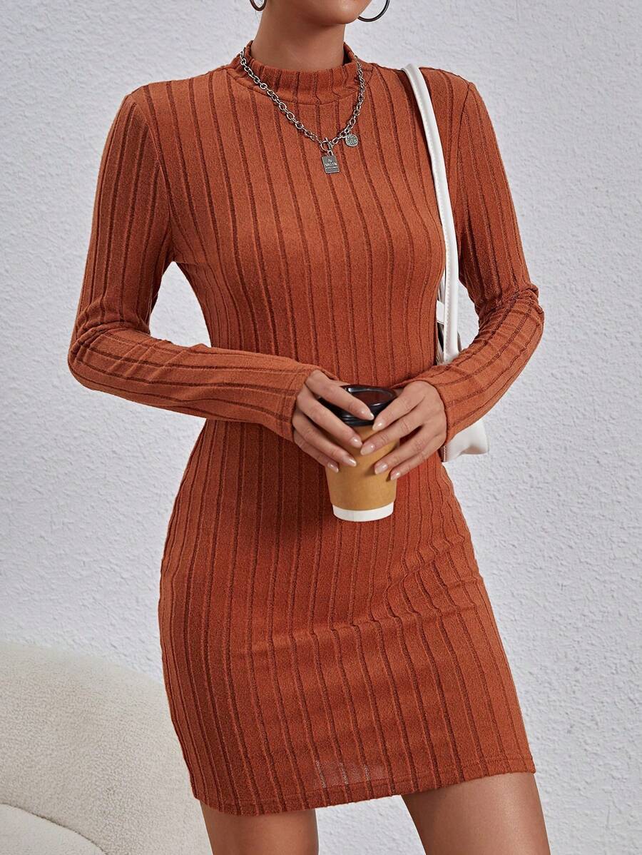 SHEIN Essnce Dệt kim Của phụ nữ Đứng cổ áo Váy bodycon - Rỉ Nâu - Xem 1