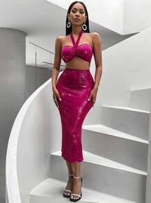 Zolique Conjunto De Top De Cuello Halter Y Falda Con Lentejuelas - Rosa Fucsia - Ver 4