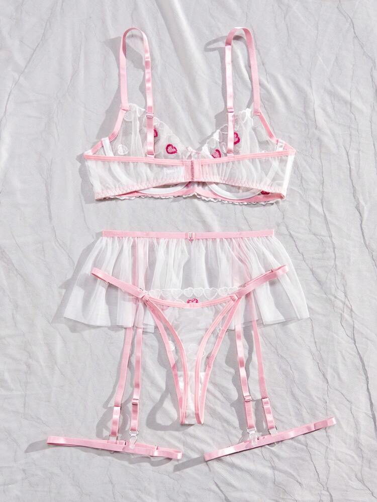 Wedding Season Women's Heart Embroidered Mesh Sexy Lingerie Set