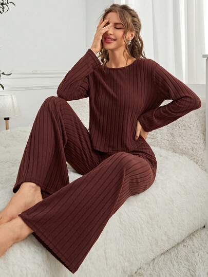 Long Sleeve Ribbed Top Pants Homewear Lounge Set Cozy Outfit, Fall Clothes