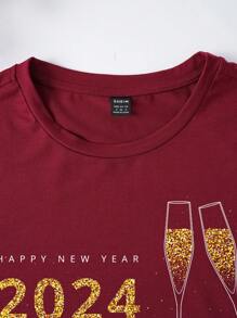 SHEIN LUNE 女款金色印花農曆新年鬆身短袖圓領T恤 - 紅木色 - 查看 4