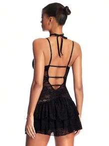 SHEIN BAE Vestido Trasero Con Tirantes De Espagueti Y Encaje Con Lazo, Glamoroso Y Sin Espalda - Negro - Ver 3