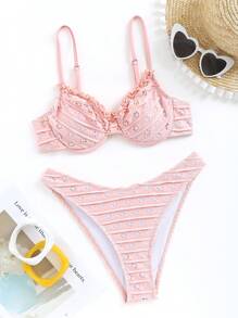 Swim Mod Women's Frilled Trim Bikini Set Summer Beach - Pink - View 1