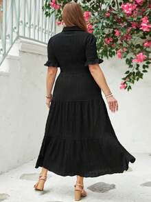 SHEIN VCAY Plus Size Bell Sleeve Shirt & High Waist Skirt Set Summer Two Piece Outfits - Black - View 2