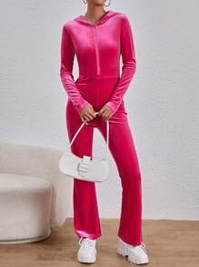 SHEIN EZwear Women'S Velvet Tight-Fitting Hooded Jumpsuit - Hot Pink - View 4