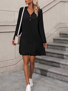 SHEIN LUNE Của phụ nữ Đơn giản Màu thuần Trang trí nút Cổ chữ V Tay áo dài Đầm - màu đen - Xem 6