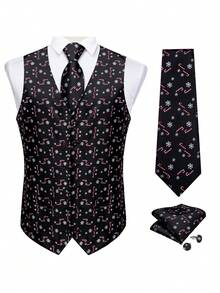 Men's Candy Cane Snowflake Print Button Cardigan Suit Vest - Black - View 1