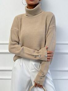 EURMUSE Áo cao cổ Lỏng lẻo Thả vai Xoắn Dan Áo len - Màu be - Xem 4