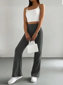 SHEIN Cottnline Women's Solid Color Flared Pants - Dark Grey - View 4