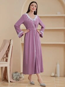 Modelyn 拼接毛絨飾邊休閒連衣裙 - 粉色 - 查看 5