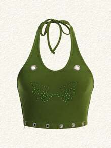 SHEIN EZwear Rhinestone Butterfly Pattern Eyelet Grommet Decorated Halter Top And Bolero - Green - View 3