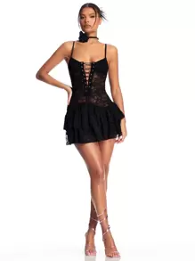 SHEIN BAE Vestido Trasero Con Tirantes De Espagueti Y Encaje Con Lazo, Glamoroso Y Sin Espalda - Negro - Ver 4