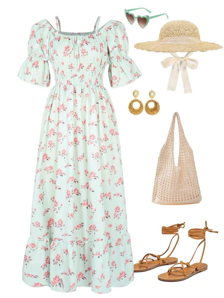 1pc Teenage Girls' Floral Printed Ladylike Dress For Spring/Summer