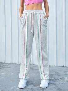 SHEIN Sports Women'S Drawstring Sports Pants With Color Block Stitching - Light Grey - View 9