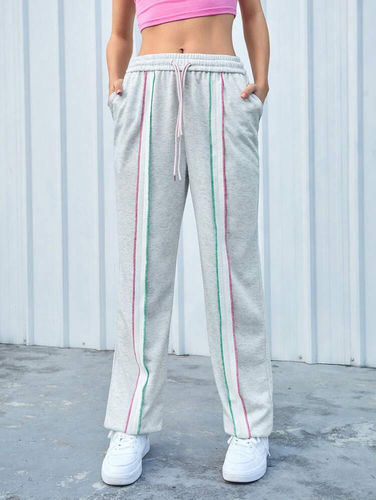 Women'S Drawstring Sports Pants With Color Block Stitching