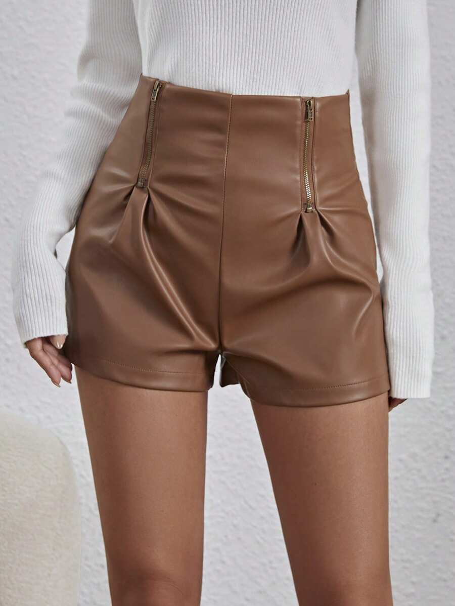 SHEIN PETITE Women'S Pleated Pu Leather Shorts - Brown - View 1
