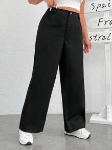 SHEIN EZwear 女款大尺寸高腰寬管梭織褲,黑色 - 黑色 - 查看 1