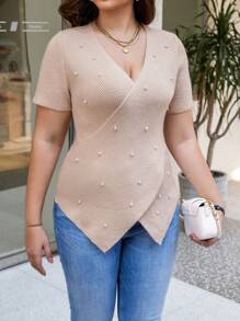 Celure Plus Size Women'S Knit Top With Pearl Embellishment - Apricot - View 4