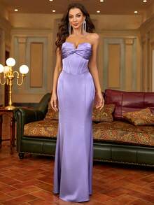 PARTHEA Ruched Twist Split Boning Satin Tube Dress Evening Gown/Formal Dinner Dress - Purple - View 7