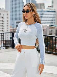 SHEIN Essnce Long Sleeve Crop Top T-Shirt - Grey - View 5