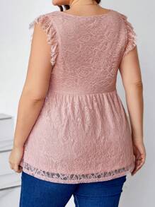 SHEIN Clasi Plus Size V-Neck Ruffle Hem Decorated Lace Elegant Blouse