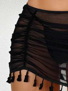 Swim Basics Summer Beach Boho Women's Fringe Decor Cover Up Skirt - Black - View 3