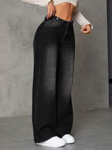 SHEIN ICON Washed Straight Leg Jeans - Black - View 1
