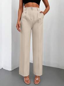 EURMUSE Solid Slant Pocket Straight Leg Suit Trousers - Apricot - View 1