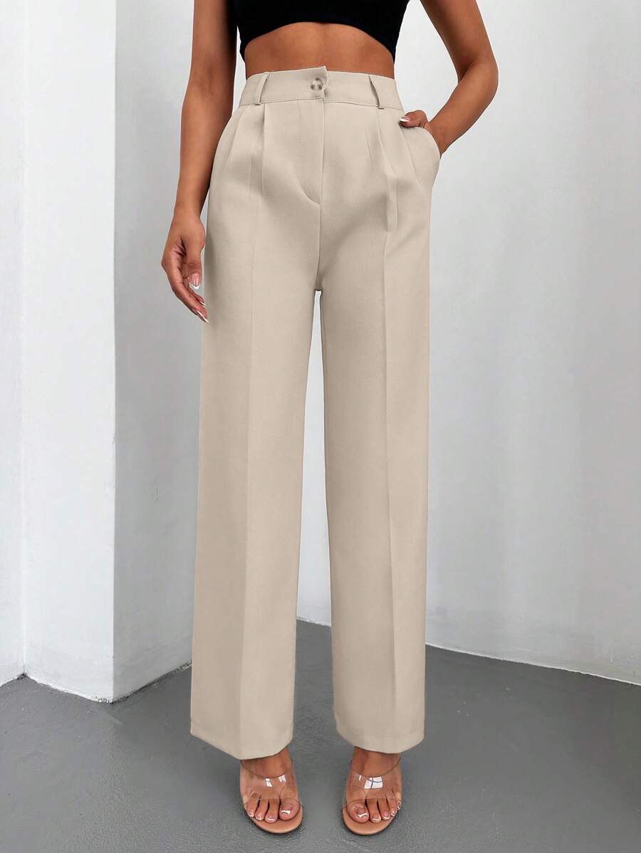 EURMUSE Solid Slant Pocket Straight Leg Suit Trousers - Apricot - View 1