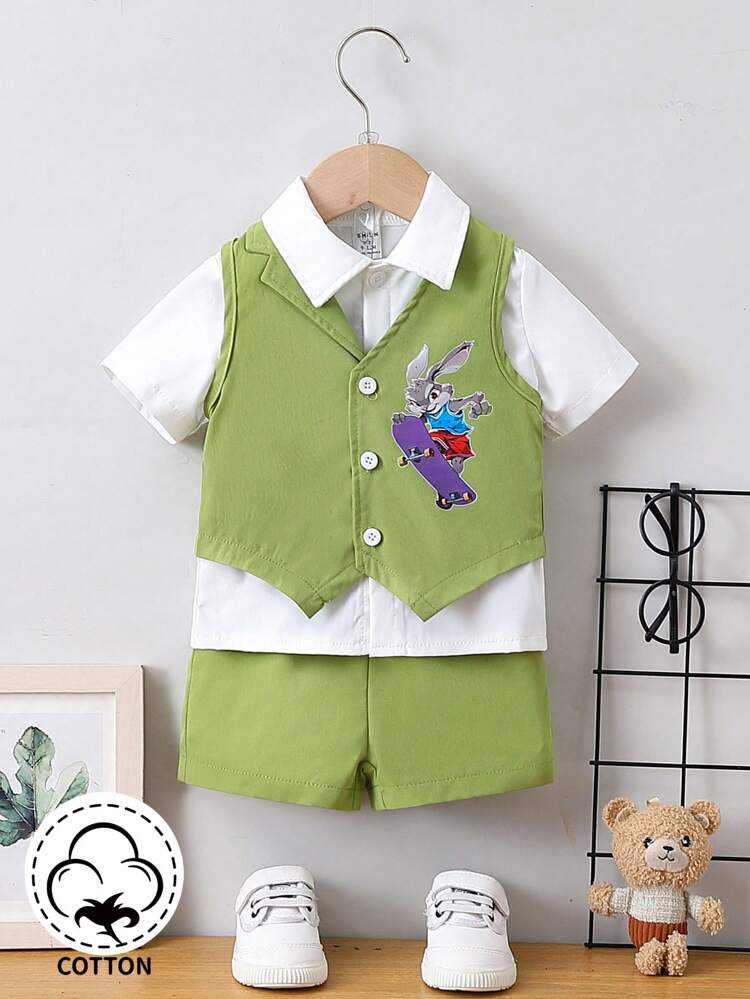 3pcs/Set Baby Boys' Cartoon Printed Vest, Solid Color Shirt, And Shorts Set, For Gentlemen
