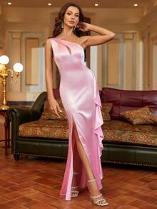 PARTHEA Women's One Shoulder Cutout Ruffle Hem Split Satin Long Dress - Pink - View 3