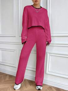 SHEIN Unity 對比邊滴肩毛衣和針織長褲簡單休閒套裝 - 彩色 - 查看 6
