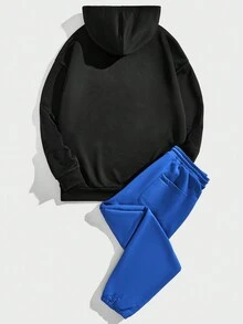 Manfinity RebelGame 男士寬鬆針織休閒連帽衫和長褲套裝,卡通熊印花設計 - 黑色 - 查看 2