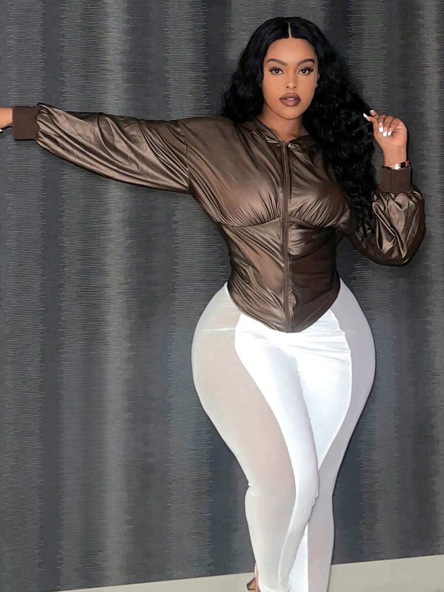 Slaydiva Plus Size Women's Zipper Front Hooded Jacket - Brown - View 1