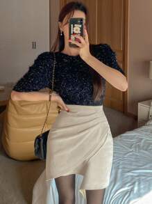 DAZY Chân váy nữ thanh lịch với đường viền bất đối xứng, chân váy nữ mùa thu đông, chân váy năm mới. - Màu be - Xem 3