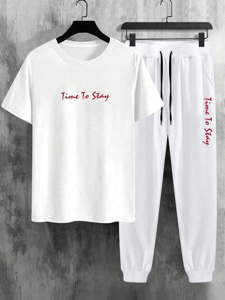 Men'S Plus Size Letter & Eye Printed T-Shirt And Pants Set