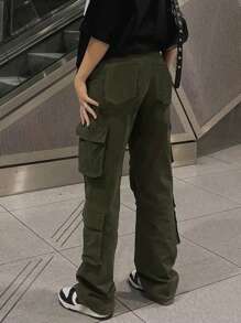 多口袋工裝牛仔褲 - 綠色 - 查看 2