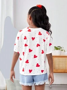 Tween Girl Casual Knit Red Heart Loose Fit Crew Neck Short Sleeve Top, T-Shirt, Suitable For Valentine's Day, Mother-Daughter, Sisters Matching - White - View 2