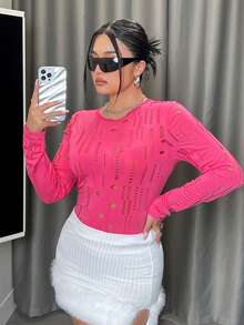 SHEIN ICON 加大尺碼女款修身長袖空心t恤 - 玫紅色 - 查看 2