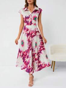 GENKIRA 女式大花紋印花洋裝,荷葉袖設計 - 玫紅色 - 查看 1