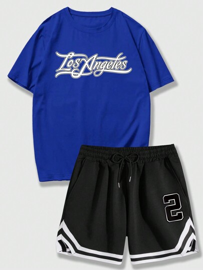 Prep Conjunto De Camiseta Y Pantalones Cortos De Manga Corta Con Estampado De Letras Para Hombre