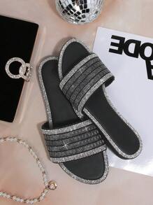 SHUZIA Women's Fashionable & Elegant Crystal Decorated Flat Sandals, Summer - Black - View 2