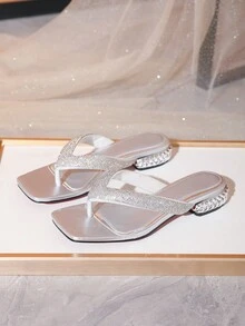 新品舒適鑽石平底拖鞋女款,簡潔且百搭,適合女性夏季室內外拖鞋 - 銀色 - 查看 2