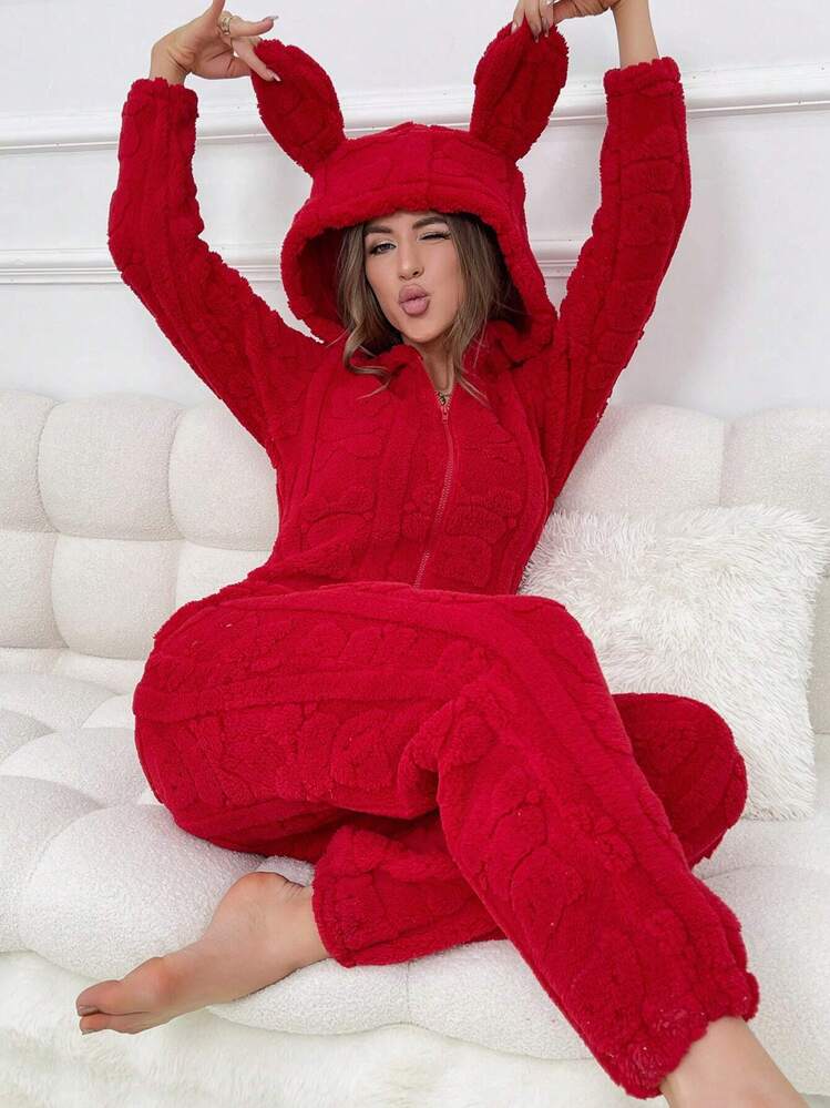 Combinaisons de pyjama en peluche avec design d'oreilles d'animaux pour femmes, détails confortables et élégants, pour l'automne et l'hiver