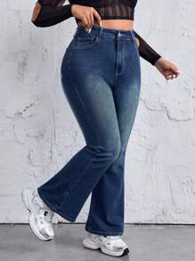SHEIN ICON Women'S Plus Size Butterfly Embroidered Water Washed Flare Jeans - Blue - View 4