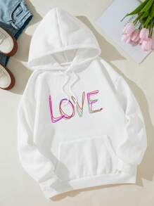 SHEIN EZwear 女士連帽字母印花束口保暖衣 - 白色 - 查看 1