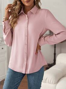 SHEIN Clasi Camisa Rosa A Rayas Con Textura Y Botones - Rosa Pálido - Ver 5