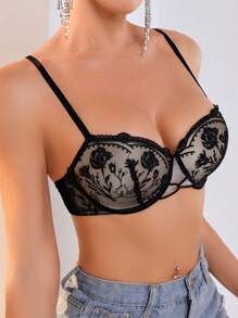 女士蕾絲刺繡胸罩 - 黑色 - 查看 3