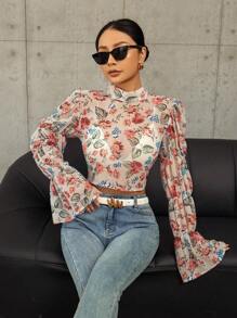 GENKIRA Women'S Floral Print Stand Collar Bell Sleeve Cropped Shirt Fall Cloth For Women - Multicolor - View 1